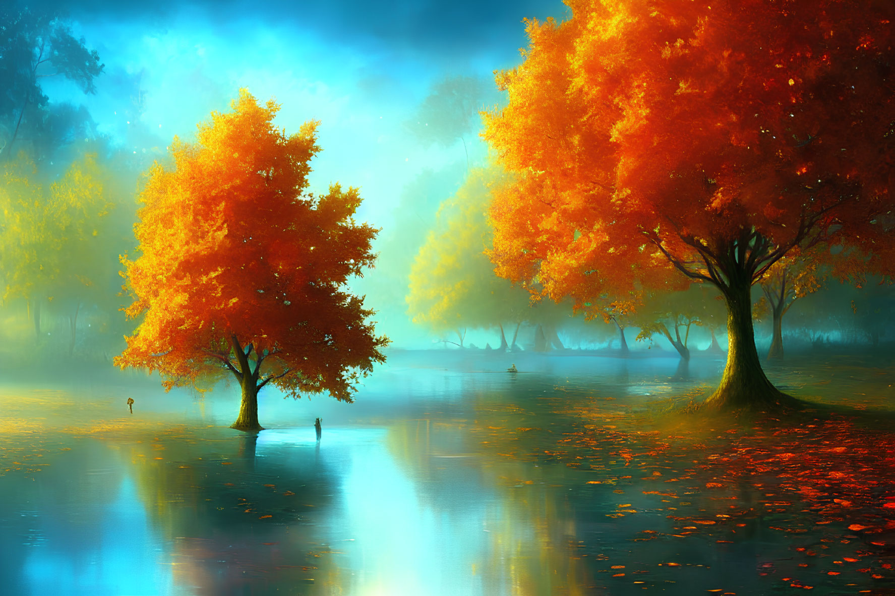 Fiery orange autumn trees reflected in serene blue waters