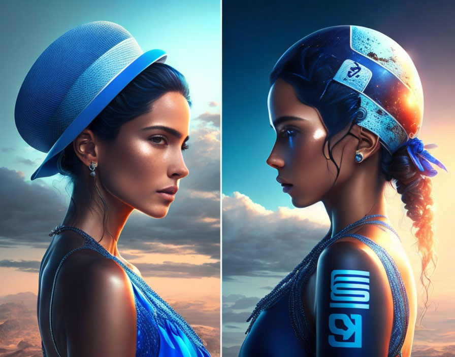 Split-image: Stylish woman in blue hat/dress vs. futuristic figure in space suit under dusk