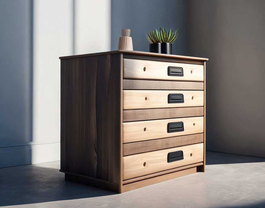 Wooden Five-Drawer Chest with Black Handles and Plant Decor Against Plain Wall