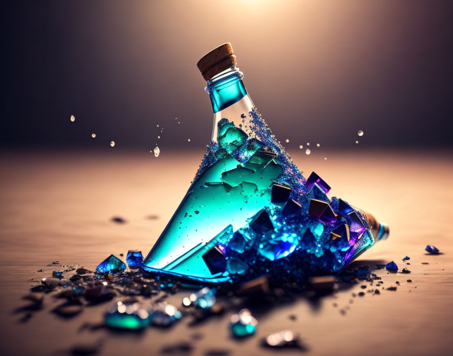 Triangle glass bottle with cork stopper, blue liquid, crystals, and splashes on warm background