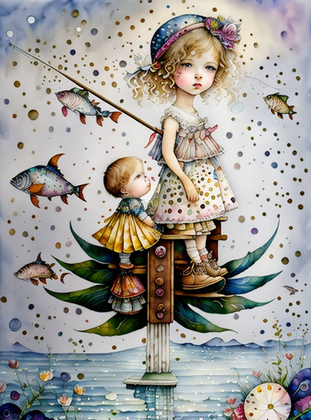 Illustration of girl and doll fishing with colorful fish and flowers