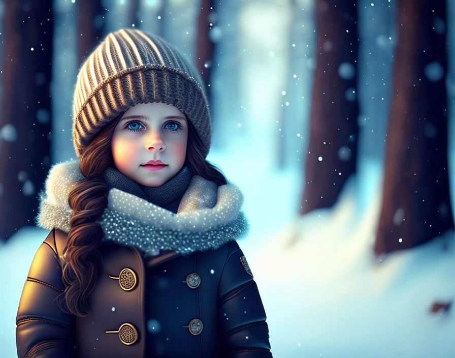 Young girl with blue eyes in knit hat and snowy forest.