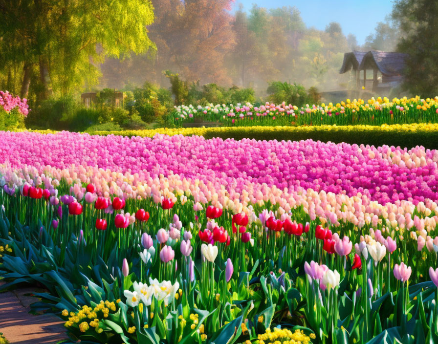 Colorful Tulip Garden with Gazebo and Trees in Soft Sunlight