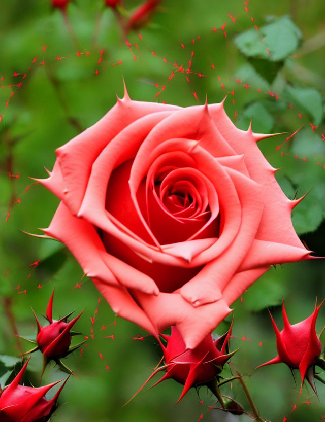 Blooming pink rose with sharp red thorns on green stems