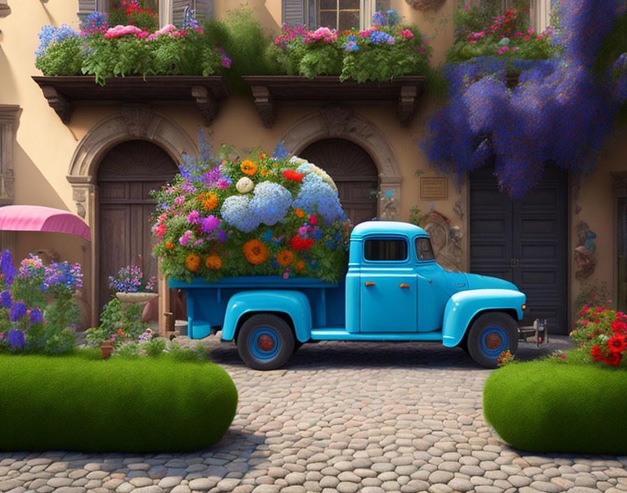 Vintage blue pickup truck filled with colorful flowers on quaint street with historic buildings and vibrant floral arrangements.