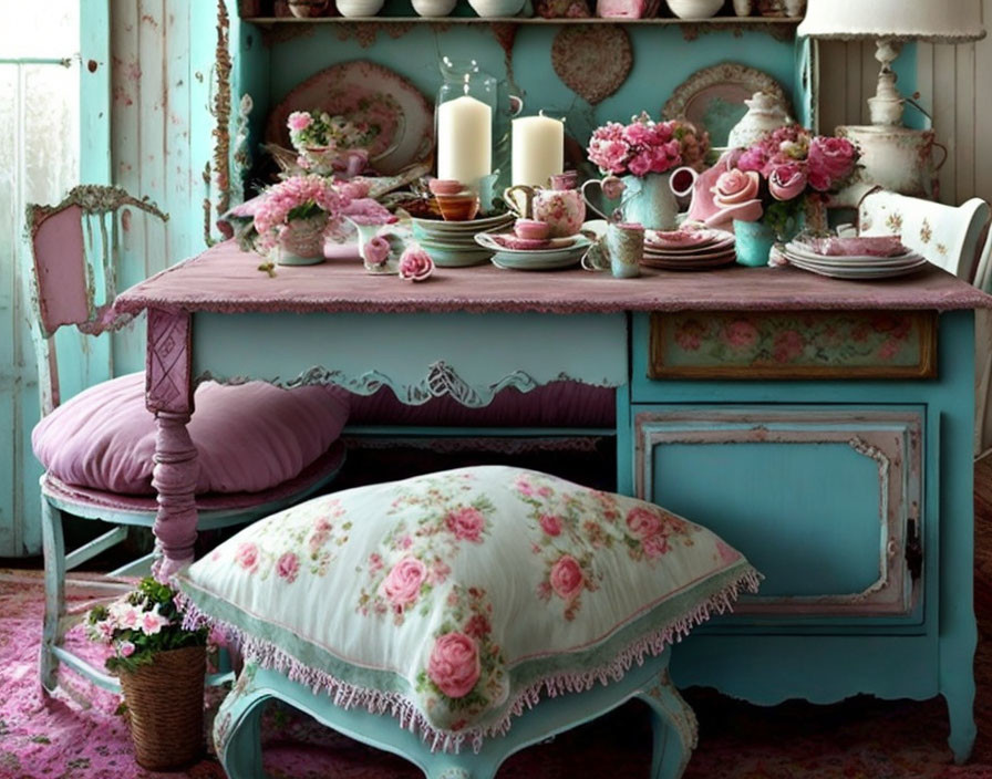 Vintage-style dining room with turquoise cabinetry, pink floral cushions, pastel crockery, and