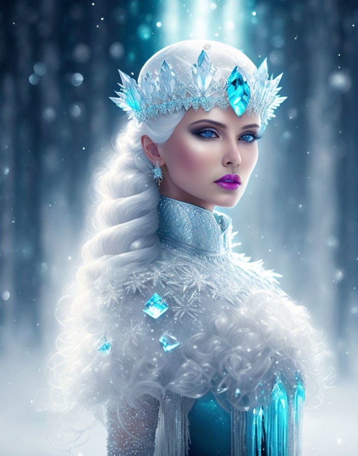 Pale-skinned woman with white hair wearing crystal crown and jewels in snowy background