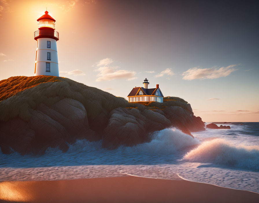 Coastal scene with lighthouse, rocky cliffs, crashing waves, warm sunset