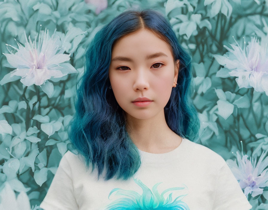 Blue-haired woman in floral shirt merges with stylized flower background