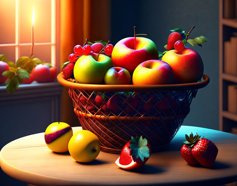 Colorful fruit basket on candlelit table with books in background