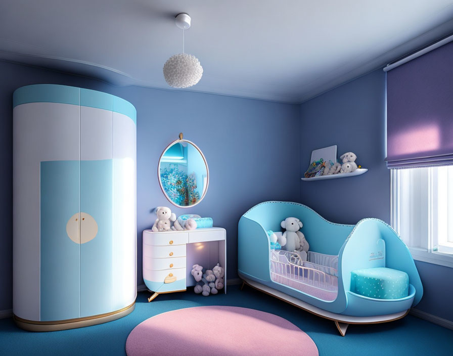 Modern children's room with pastel blue and pink furniture and fish-themed mirror