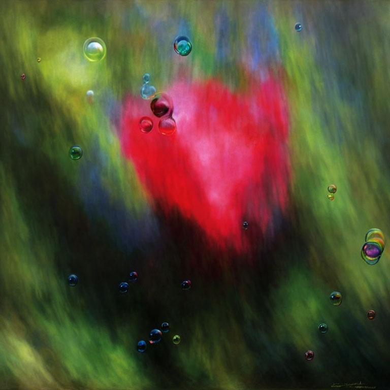 Colorful abstract art: heart-shaped red blur with floating bubbles on green background