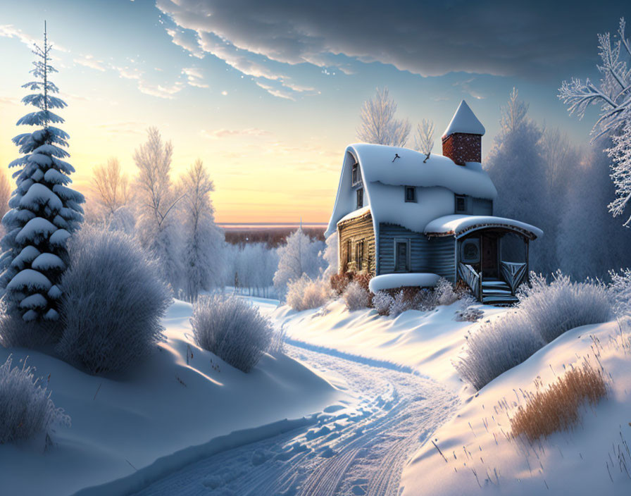 Snow-covered Dusk Landscape with Cozy Cottage and Frosty Trees