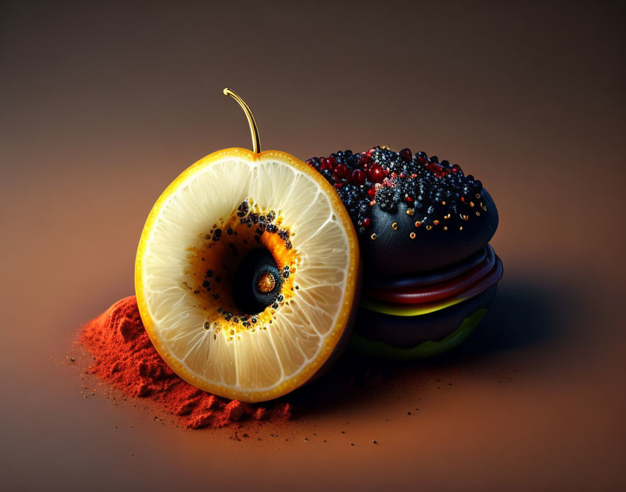 Orange Half with Eyeball and Black Burger on Brown Background