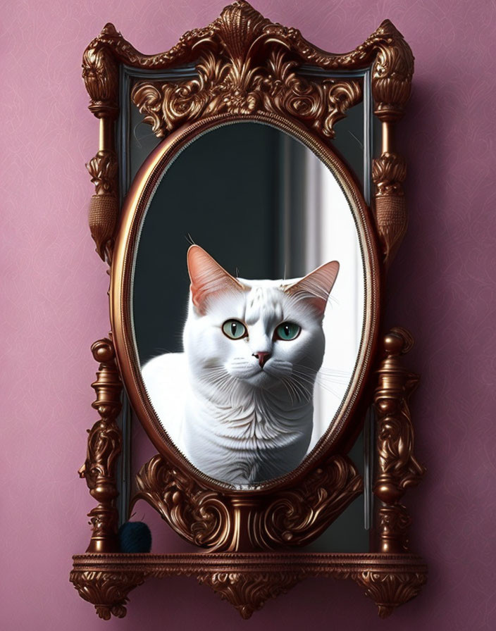 White Cat with Blue Eyes Reflected in Ornate Oval Mirror on Pink Wall