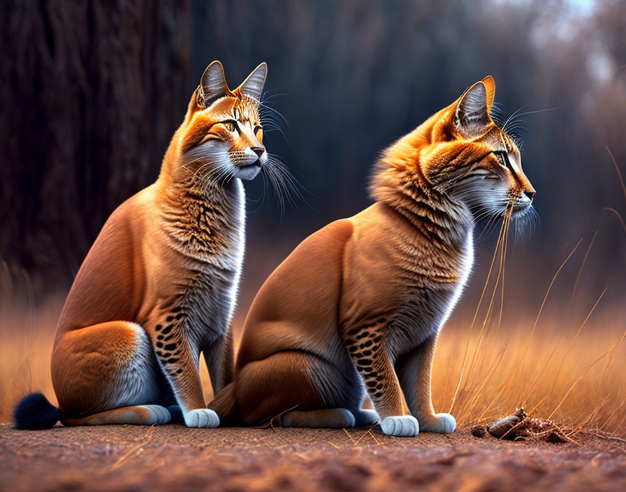 Majestic caracals with pointed ears in forest dusk setting