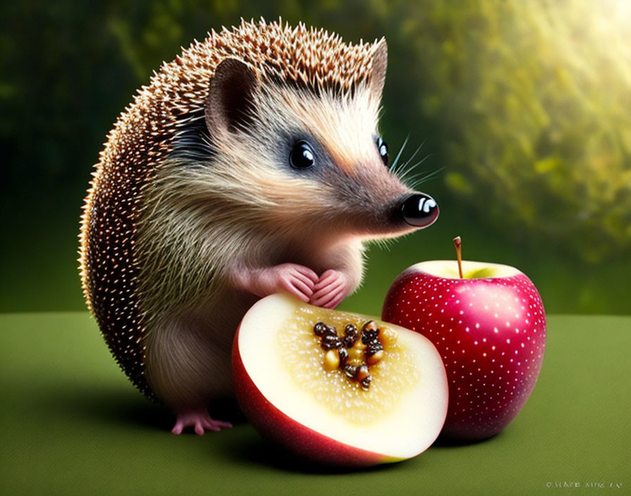 Adorable hedgehog with apple slice on green surface