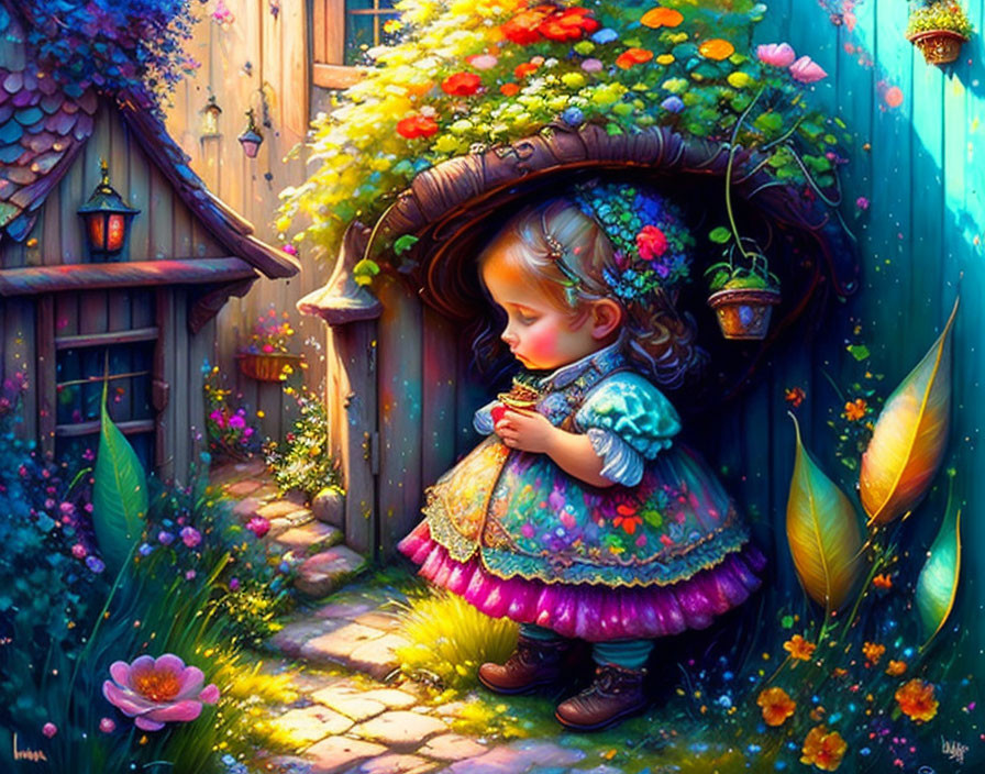 Young girl in colorful dress by whimsical flower-covered cottage with vibrant plants and lighting.