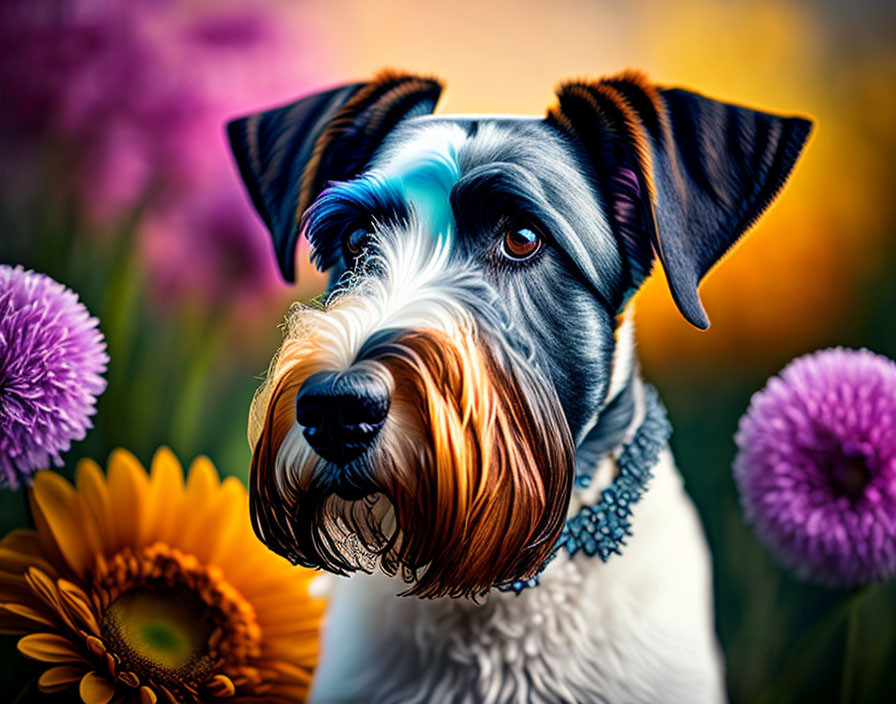 Colorful Schnauzer Dog Illustration in Vibrant Garden