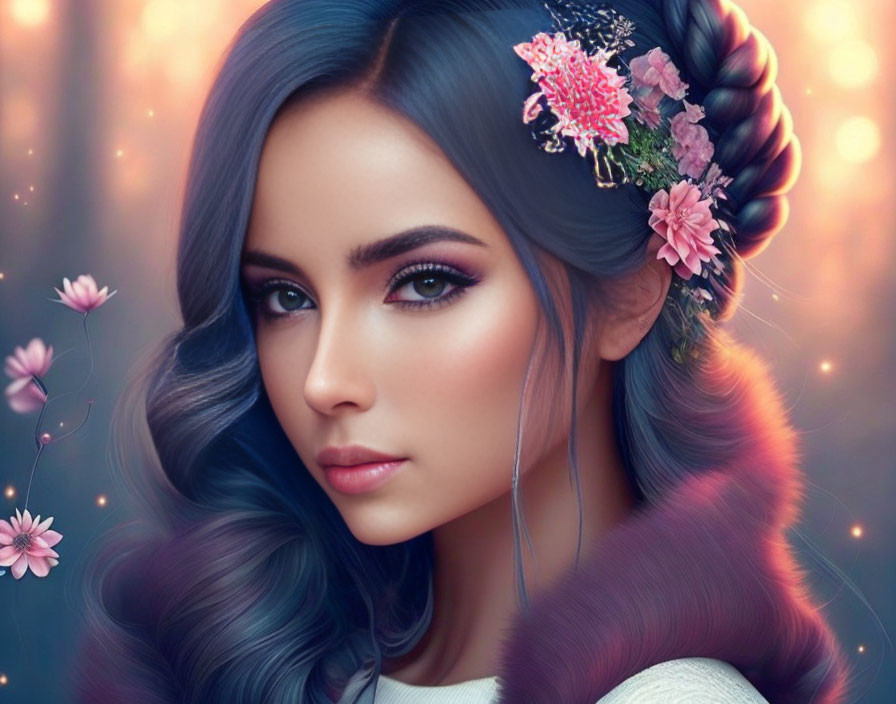 Purple-haired woman with ethereal glow and floral hair adornments.