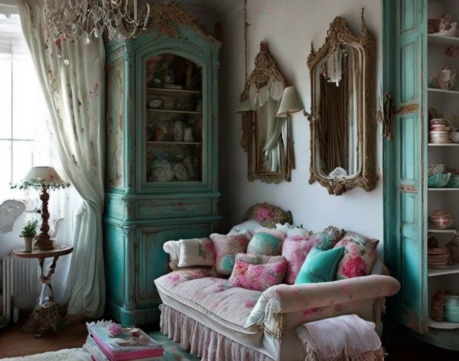 Distressed Turquoise Armoire, Golden Mirrors, Floral Sofa, Antique Decorations