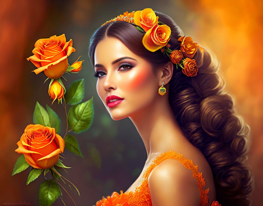 Woman with long wavy hair and roses, orange makeup, gazing sideways on warm backdrop