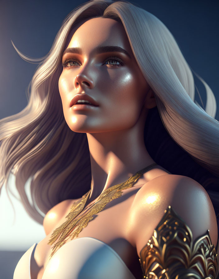 3D-rendered image of woman in golden armor with flowing hair