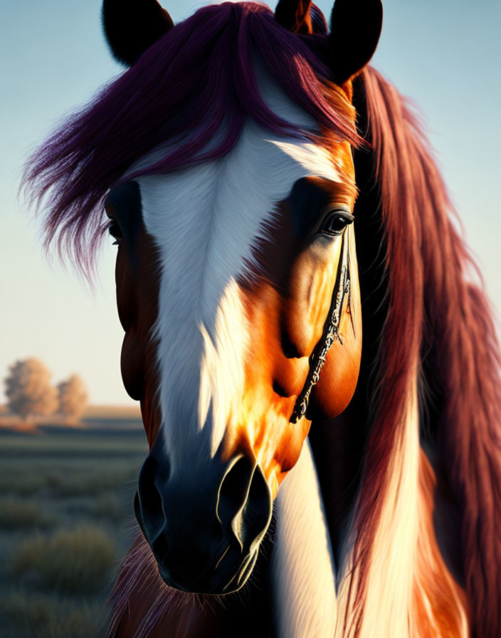 Chestnut and white horse with magenta mane in golden sunlight