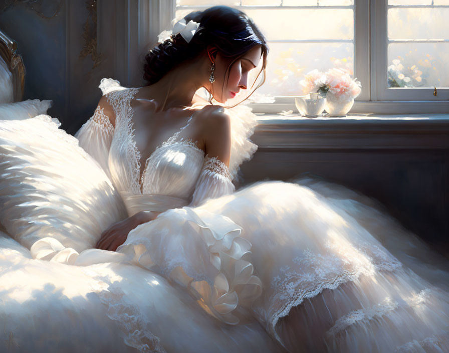 Serene bride in white gown by sunlit window gazes contemplatively