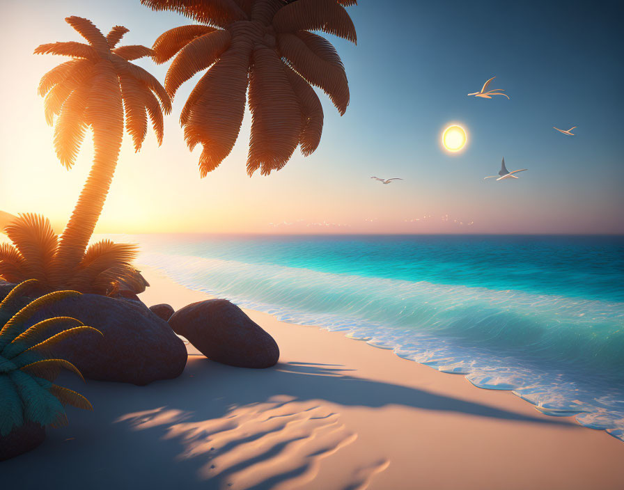 Tranquil beach sunset with palm trees, stones, waves, and birds