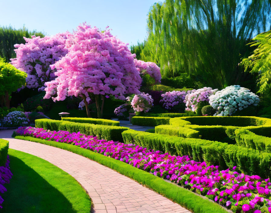 Lush garden path with green hedges and pink flowers under blue sky