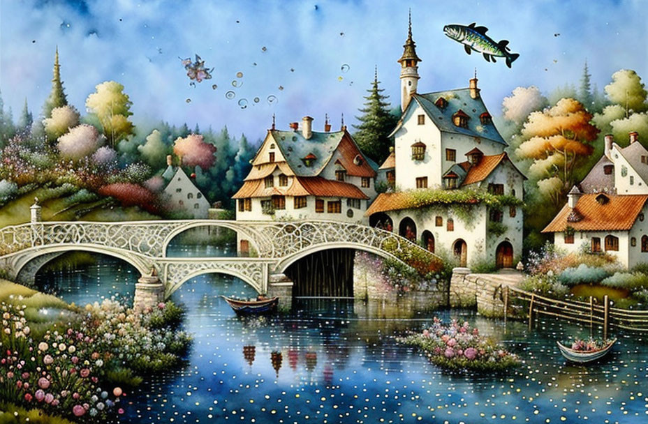 Whimsical fairytale village with cottages, stone bridge, boats, and fanciful creatures