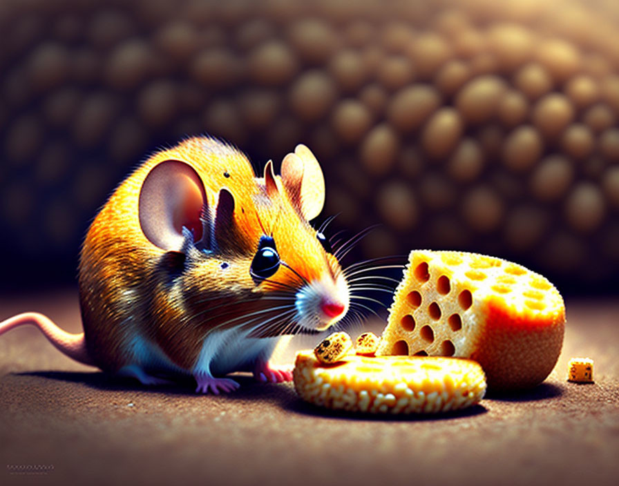 Cute Cartoon Mouse with Cheese on Textured Surface