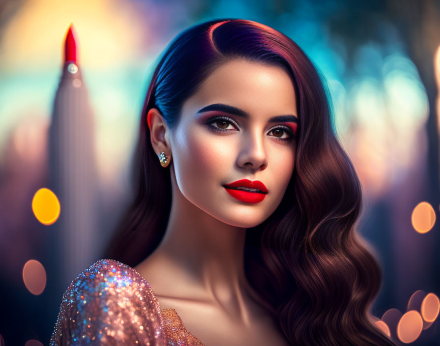 Stylish woman in red lipstick and sparkly dress on bokeh light backdrop