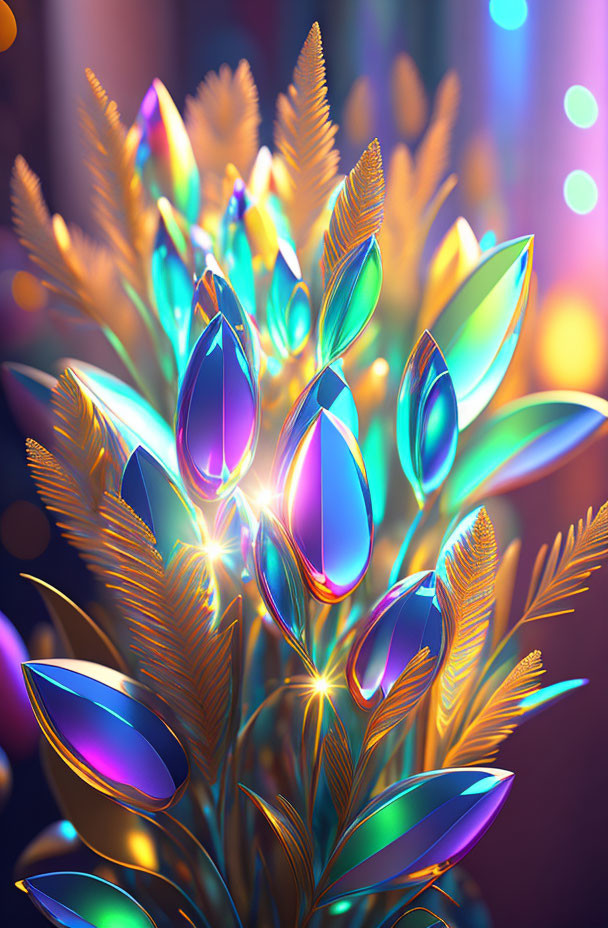 Colorful digital artwork: iridescent plant with gem-like leaves on golden fronds.