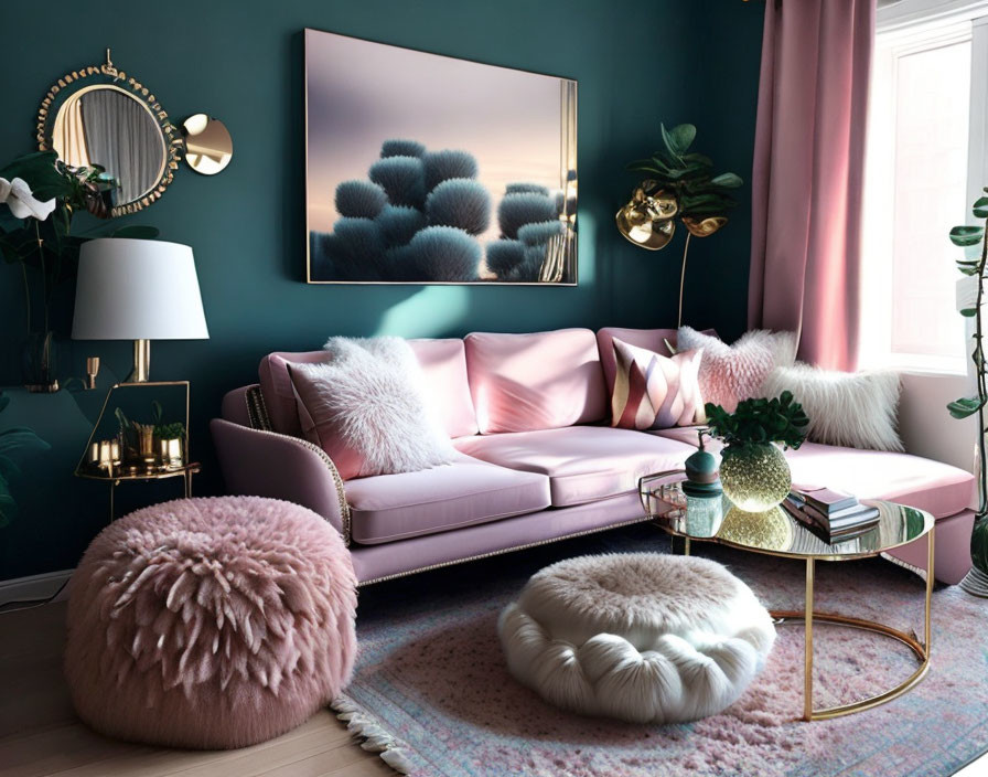 Blush Pink Sofa, Teal Walls, Gold-Trimmed Table in Elegant Living Room