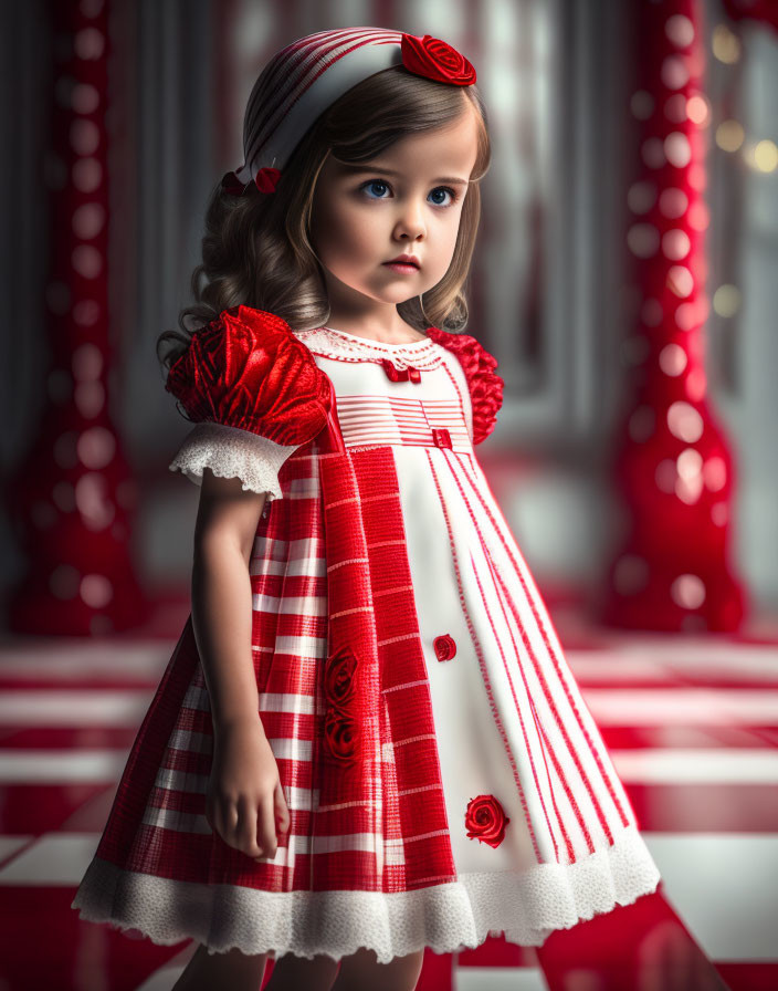 Young girl in red & white striped dress in elegant room with red drapes & checkered floor