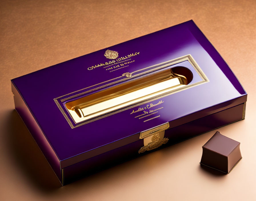 Purple Chocolate Box with Golden Trim & Large Bar on Warm Background