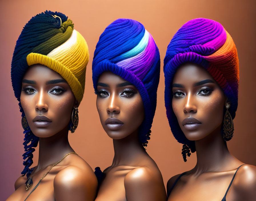 Colorful Knitted Turbans on Three Women with Striking Makeup