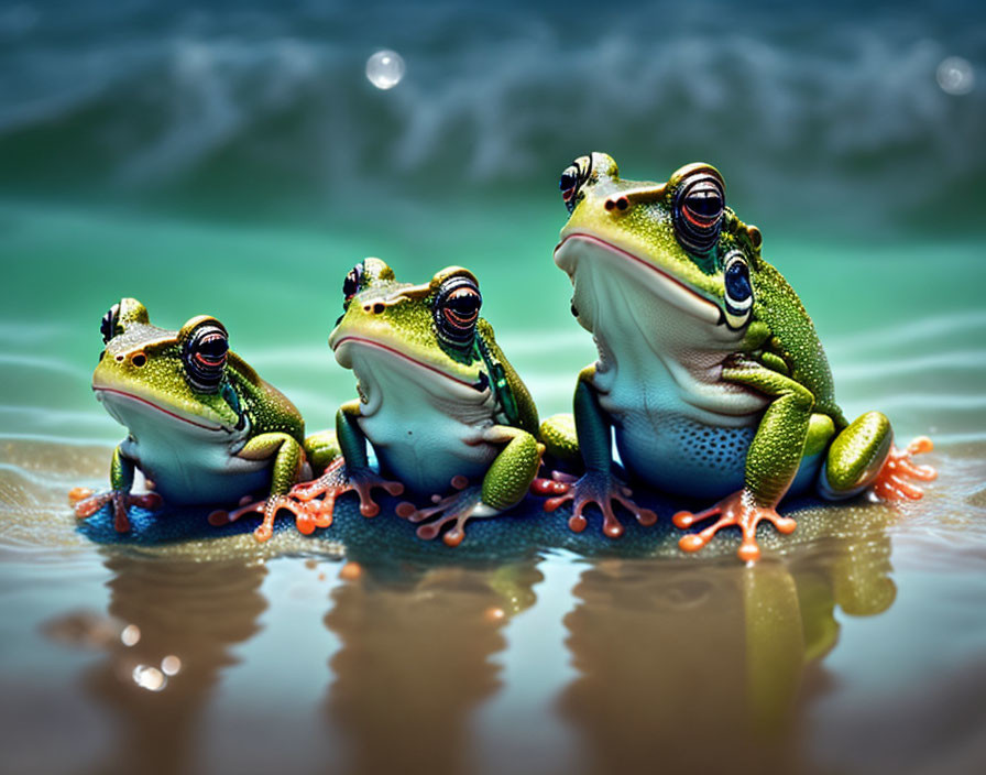 Three green frogs with orange feet on wet surface with water droplets