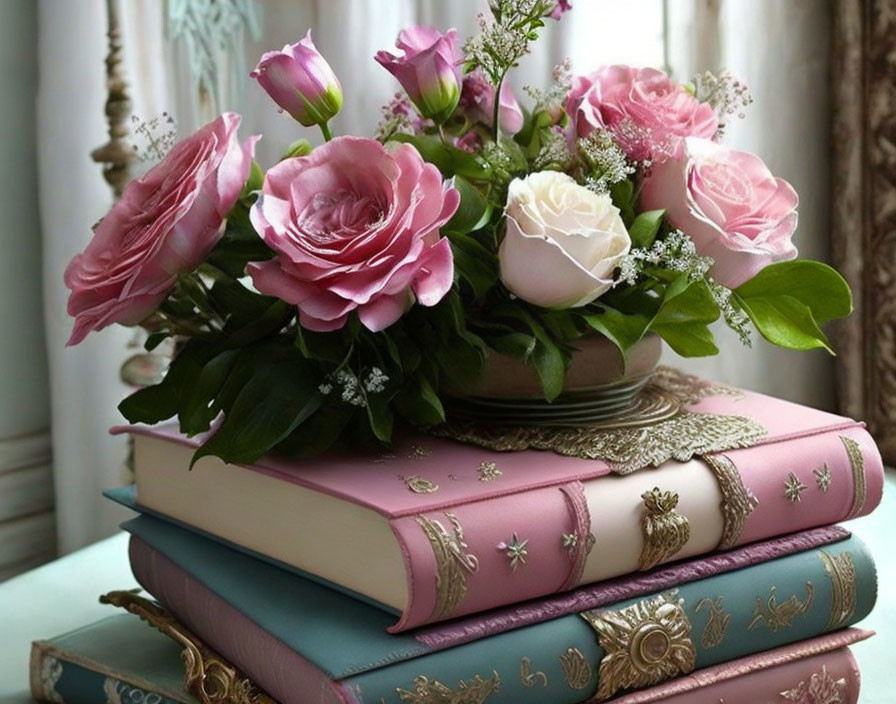 Pink and White Flower Bouquet on Pastel Books Display