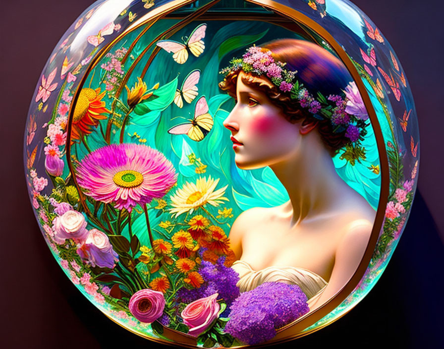 Woman's portrait with flowers and butterflies in circular frame - dreamlike Art Nouveau style