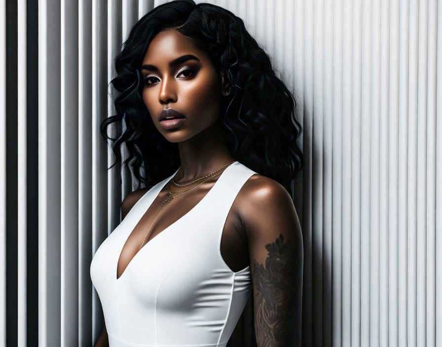 Portrait of woman with wavy hair in white dress beside vertical lines and arm tattoo