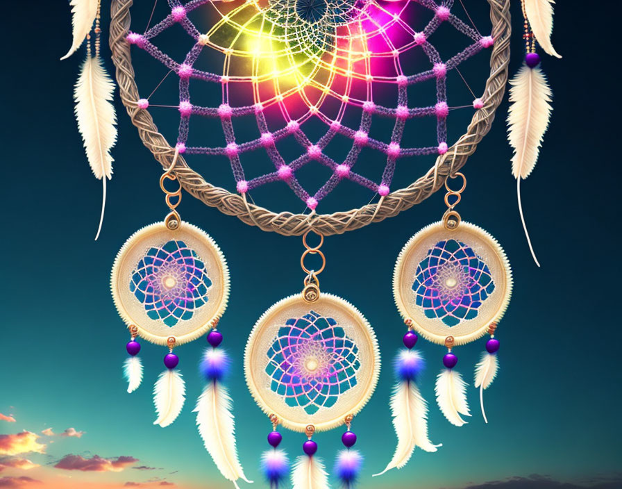 Colorful dreamcatcher with intricate webbing, feathers, beads, and multiple hoops.