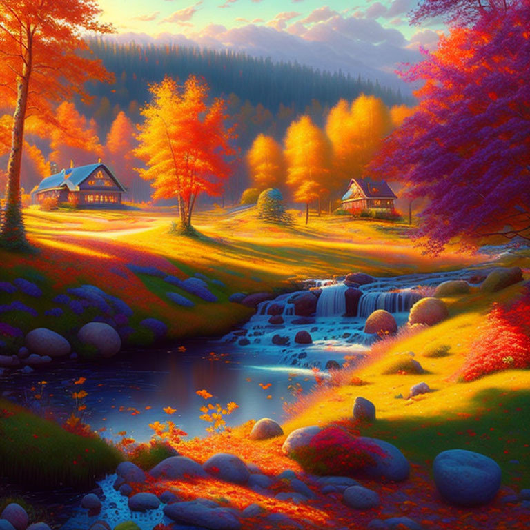 Colorful Autumn Landscape with Stream, Cabins, and Setting Sun