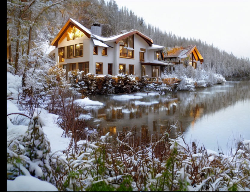 Snowy Two-Story House by Serene Lake in Frost-Covered Landscape