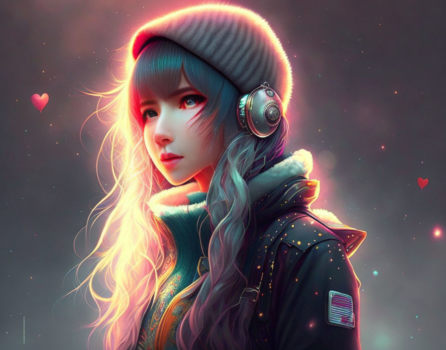 Vibrant girl illustration with beanie, headphones, and floating hearts