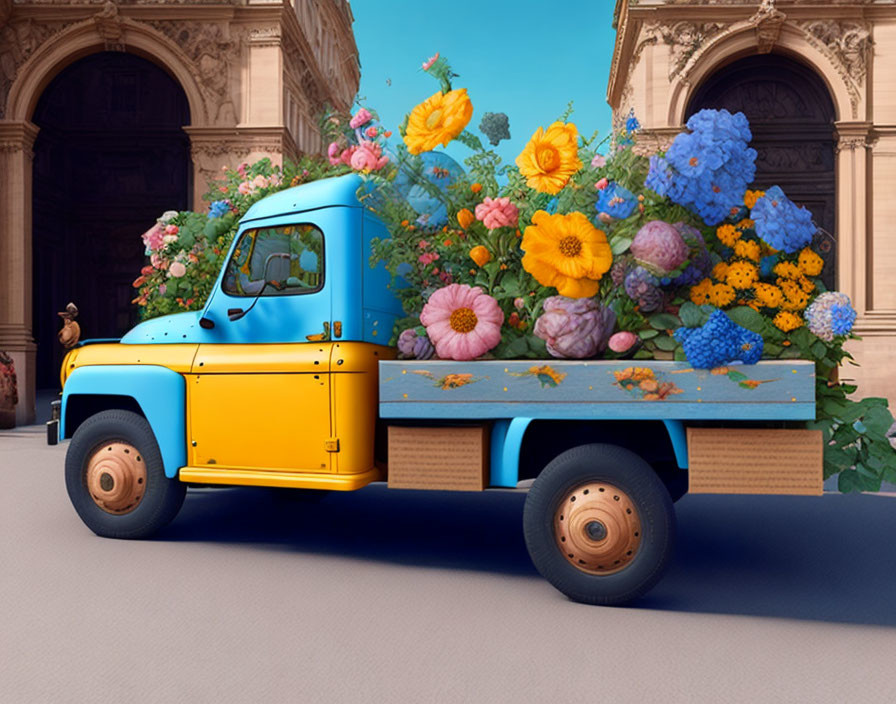 Vintage Yellow and Blue Truck Overflowing with Colorful Flowers in Front of Classic Building