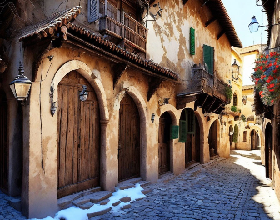 Traditional narrow street with old stone buildings and red flowers balcony.