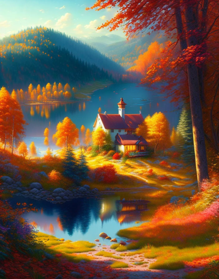 Colorful Autumn Cottage by Lake with Golden Light